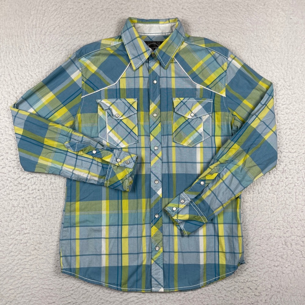BKE Western Button Down Shirt Mens Medium Blue Green Plaid Snap Athletic Fit